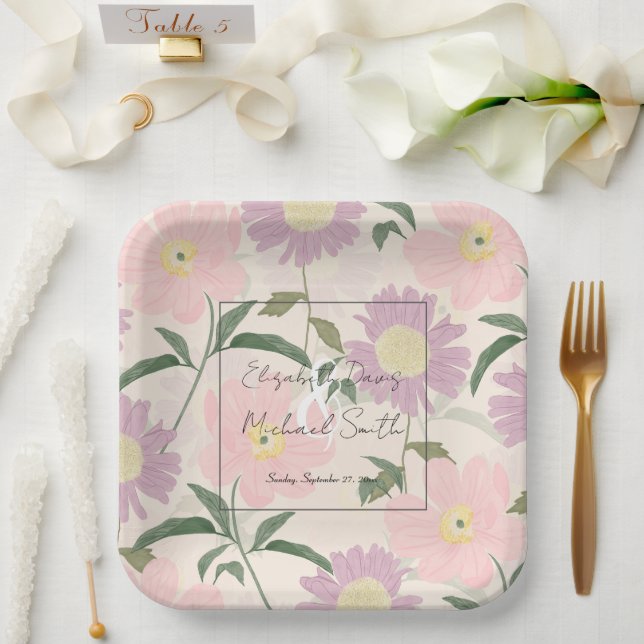 Elegant Pink Flowers Watercolor Boho Floral Paper Plates (Wedding)