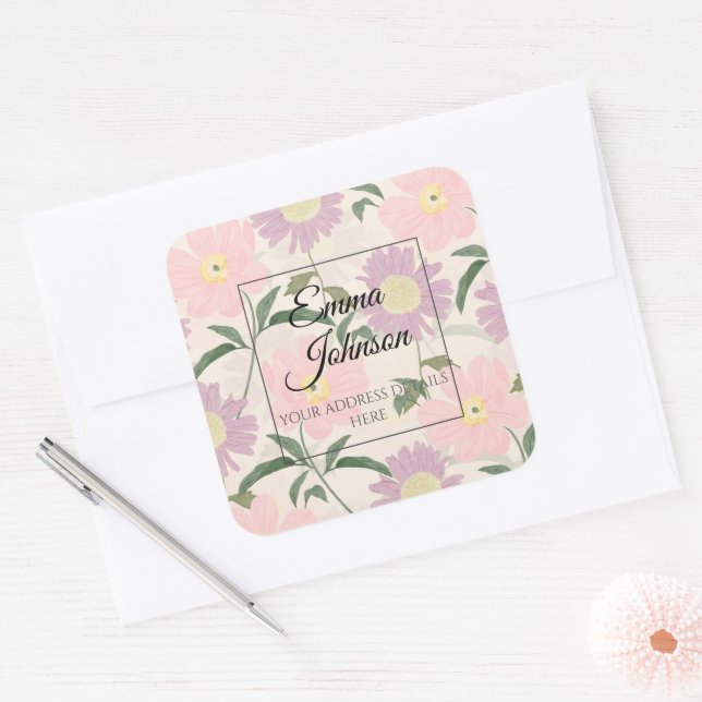 Elegant Pink Flowers Watercolor Boho Floral Square Sticker (Envelope)