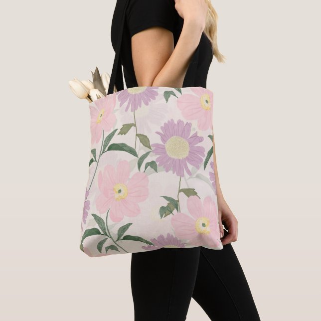 Elegant Pink Flowers Watercolor Boho Floral Tote Bag (Close Up)