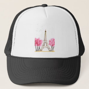Elegant pink flowers watercolor Eiffel tower Paris Trucker Hat
