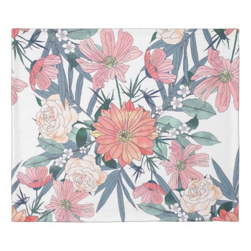 Elegant Pink Flowers Watercolor Floral Duvet Cover