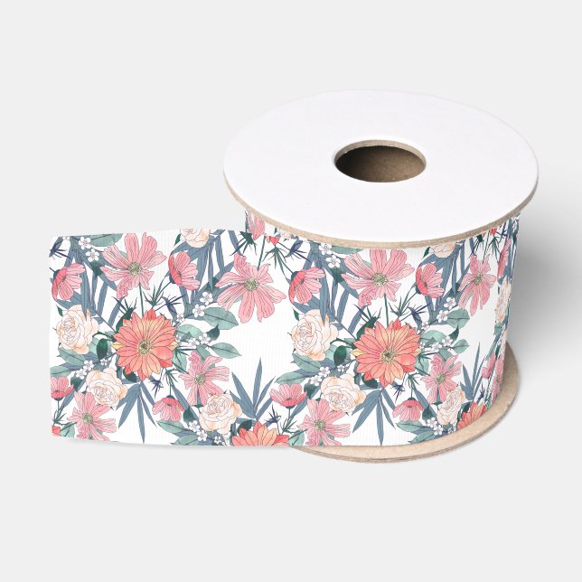 Elegant Pink Flowers Watercolor Floral Grosgrain Ribbon (Spool)