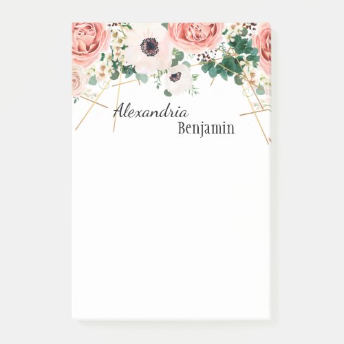 Elegant Pink Flowers Watercolor Floral Personalize Post_it Notes