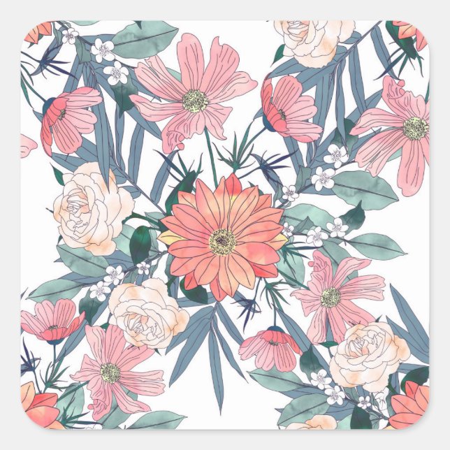 Elegant Pink Flowers Watercolor Floral Square Sticker (Front)