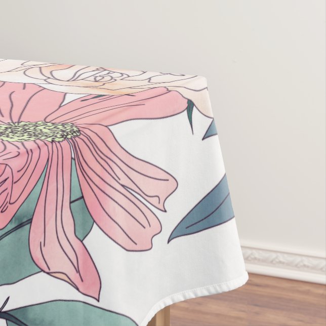 Elegant Pink Flowers Watercolor Floral Tablecloth (In Situ)