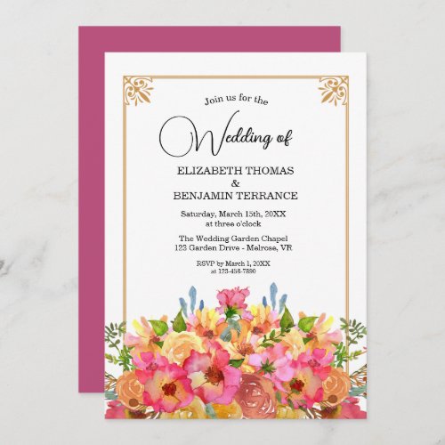 Elegant Pink Flowers Watercolor Gold Wedding  Invitation