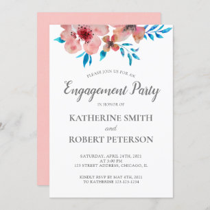 Elegant Pink Flowers Watercolor Wedding Engagement Invitation