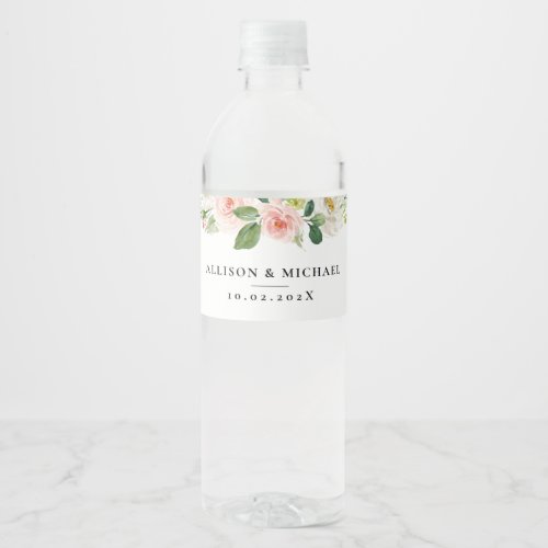 Elegant pink flowers wedding water bottle label
