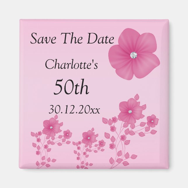 Elegant Pink Flowers With Diamonds Magnet (Front)