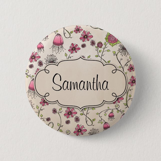 Elegant Pink flowers with frame for name Button (Front)