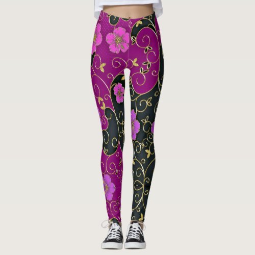 Elegant Pink Flowers With Gold Leaves And Swirls Leggings