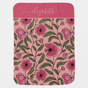 Elegant pink flowers with green leaves custom name baby blanket