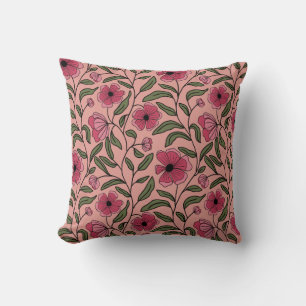 Elegant pink flowers with green leaves throw pillow