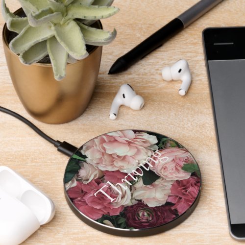 Elegant Pink Flowers with Thriving Quote Wireless Charger