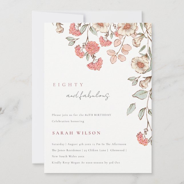 Elegant Pink Flowers Wreath 80th Birthday Invite (Front)