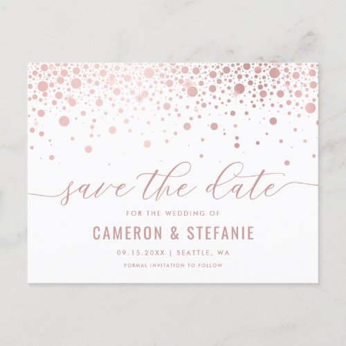 Elegant Pink Foil Confetti White Save the Date Postcard