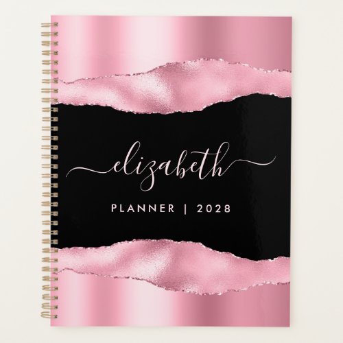 Elegant Pink Foil Glitter Monogrammed Black Planner