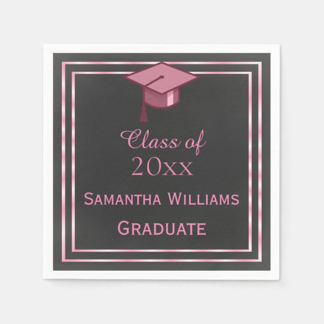 Elegant Pink Framed Graduation Paper Napkins (Front)