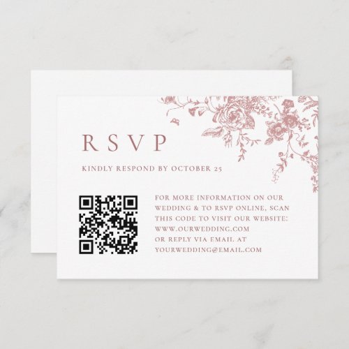 Elegant Pink French Garden Toile Wedding QR code RSVP Card