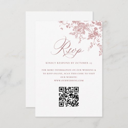 Elegant Pink French Garden Toile Wedding QR code RSVP Card