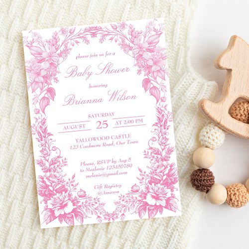 Elegant pink French toile botanical baby shower Invitation