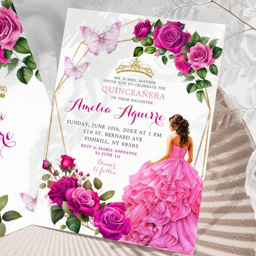 Elegant Pink Fuchsia Butterfly Floral Quinceaera Invitation