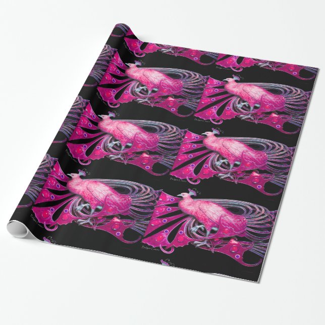 ELEGANT PINK FUCHSIA PEACOCK AND GEM STONES WRAPPING PAPER (Unrolled)