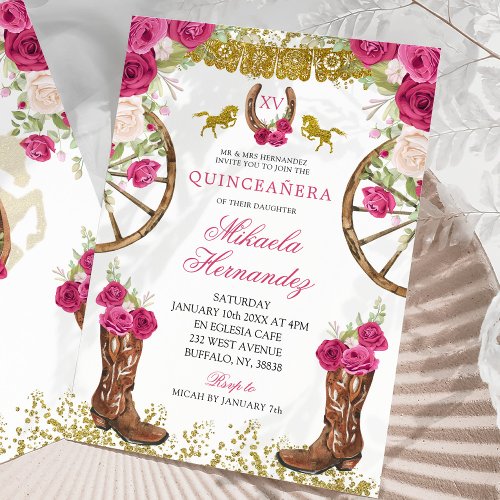 Elegant Pink Fuchsia Red Rose Charra Quinceaera Invitation