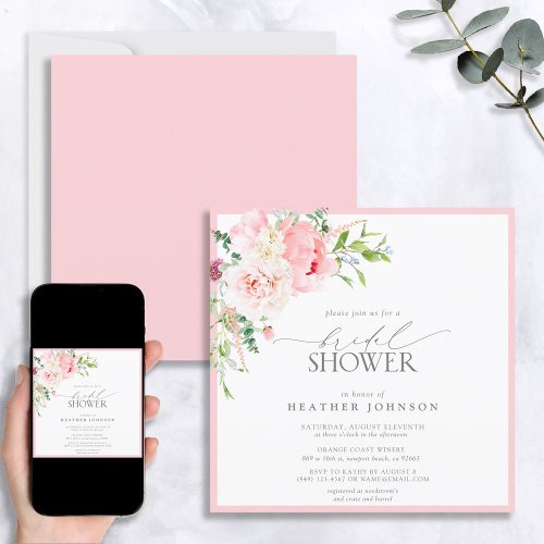 Elegant Pink Garden Flowers Bridal Shower Invitation
