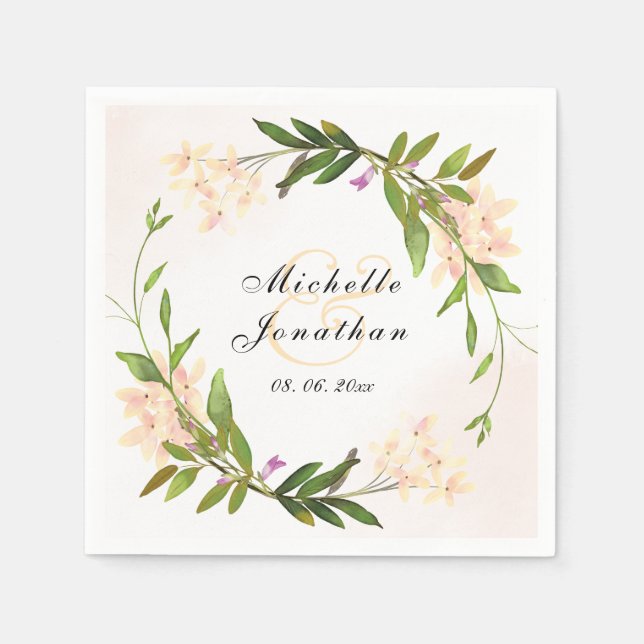 Elegant Pink Garden Flowers Greenery Wedding Napkins (Front)