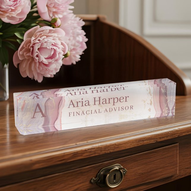 Elegant Pink Geode Gold Glitter Agate Monogram Desk Name Plate (Elegant Pink Geode Gold Glitter Agate Monogram Desk Name Plate)