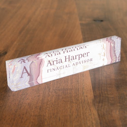 Elegant Pink Geode Gold Glitter Agate Monogram Desk Name Plate