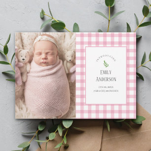 Elegant Pink Gingham Baby Girl 2 Photo Birth Announcement