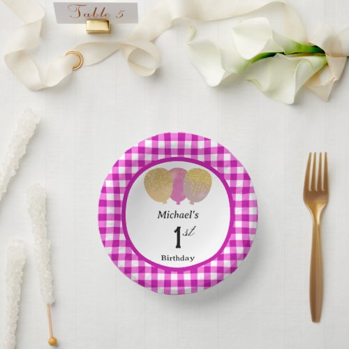 Elegant Pink Gingham & Balloons 1st Birthday Paper Bowls