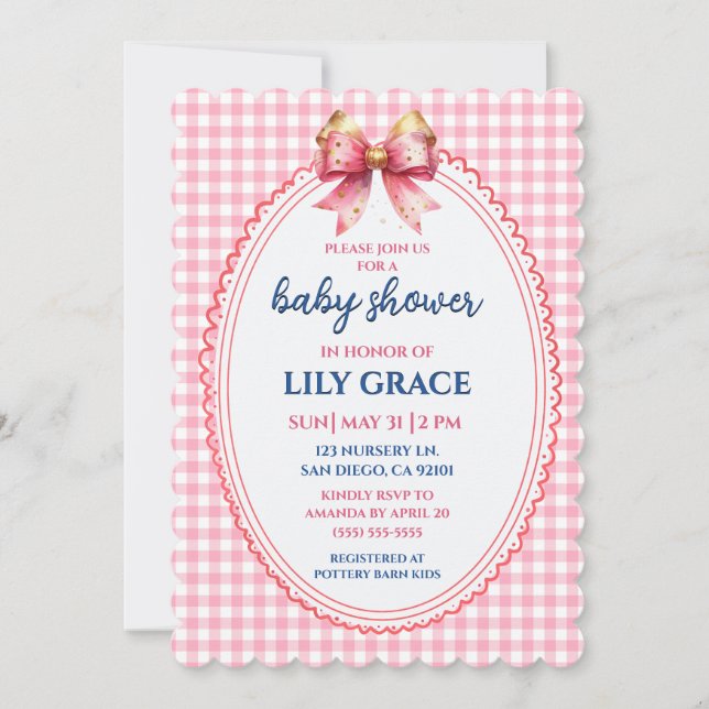 Elegant Pink Gingham & Bow Baby Shower Invitation (Front)