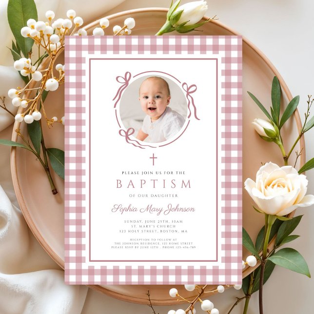 Elegant Pink Gingham Bow Photo Girl Baptism Invitation (Elegant Pink GIngham Bow Photo Girl Baptism Invitation)