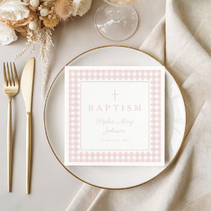 Elegant Pink Gingham Girl Baptism Napkins