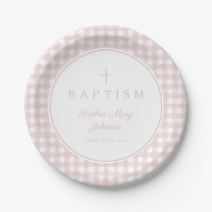 Elegant Pink Gingham Girl Baptism Paper Plates