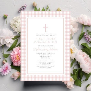 Elegant Pink Gingham Girl First Communion Invitation