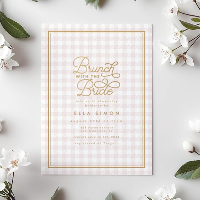 Elegant Pink Gingham Gold Bridal Shower Brunch Invitation (Creator Uploaded)