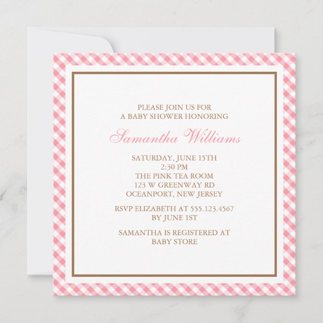 Elegant Pink Gingham Pattern Baby Shower Invitation (Front)