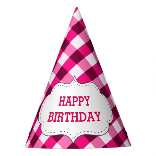 Elegant Pink Gingham Pattern Personalized Birthday Party Hat