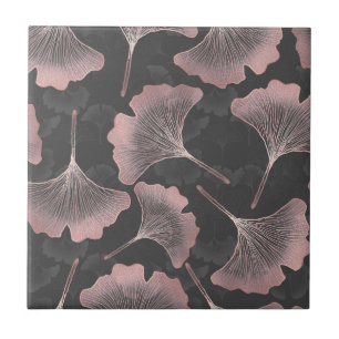 Elegant Pink Ginkgo Leaves on Black Background Ceramic Tile