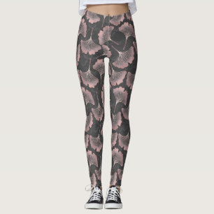 Elegant Pink Ginkgo Leaves on Black Background Leggings