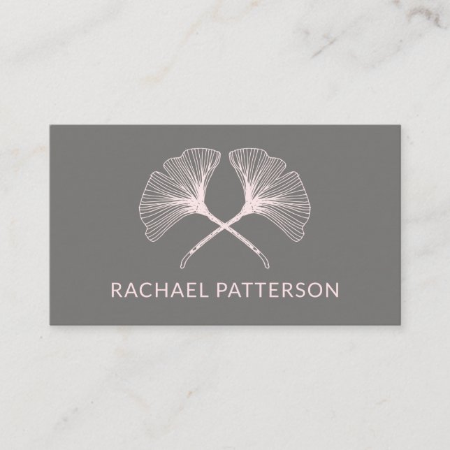 Elegant Pink Ginkgo Leaves on Gray Business Card (Front)