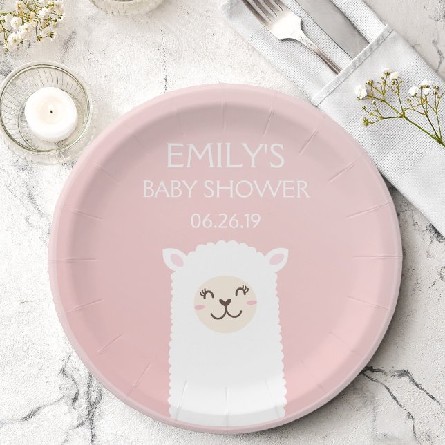 Elegant Pink Girl Baby Shower Cute Kawaii Llama Paper Plates (Creator Uploaded)