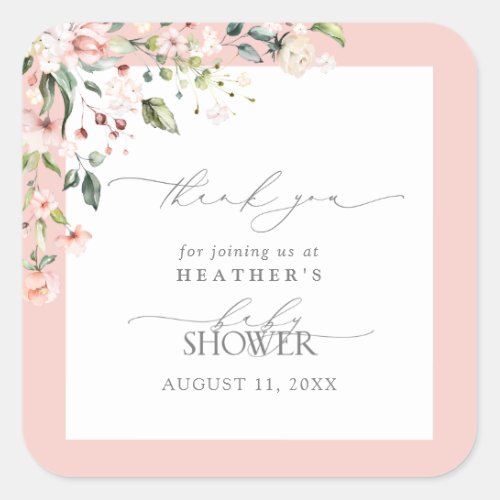 Elegant Pink Girl Flowers Baby Shower Thank You Square Sticker