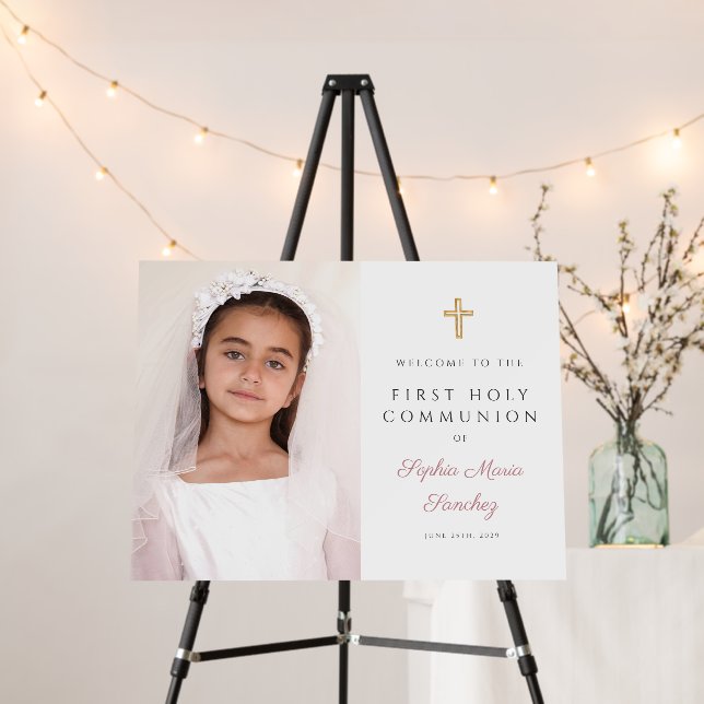 Elegant Pink Girl Photo First Communion Welcome Foam Board (In Situ (Stand))