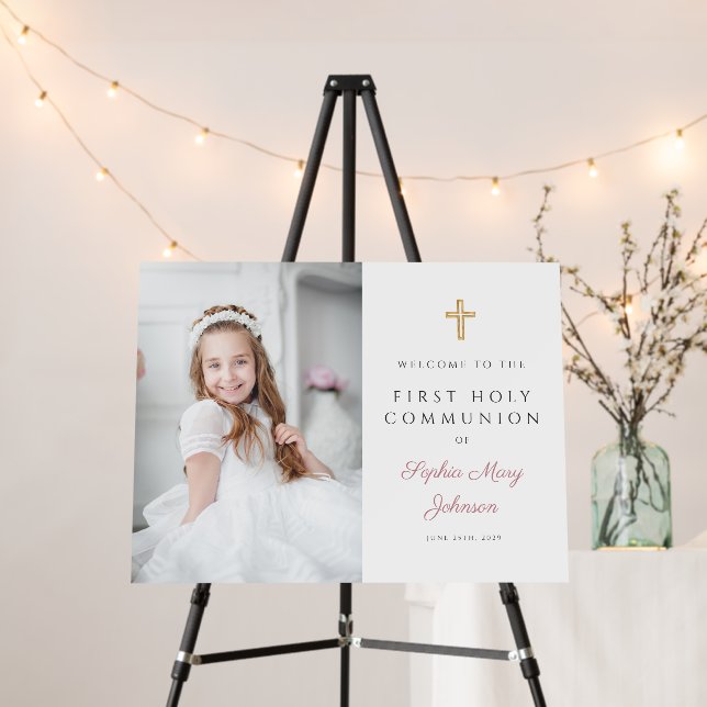 Elegant Pink Girl Photo First Communion Welcome Foam Board (In Situ (Stand))
