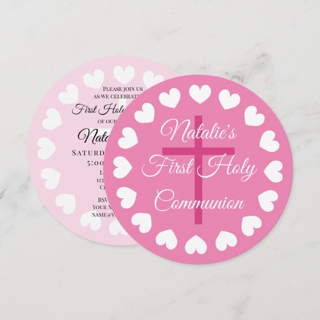 Elegant pink girl's first holy communion religious invitation (Front/Back)